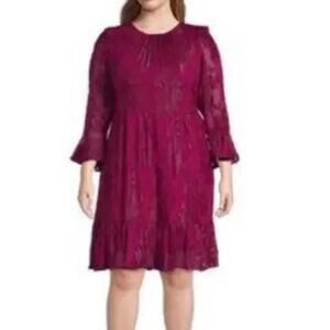 CALVIN KLEIN Floral Metallic Chiffon Buronout Dress Size 14 Fuchsia Long Sleeve